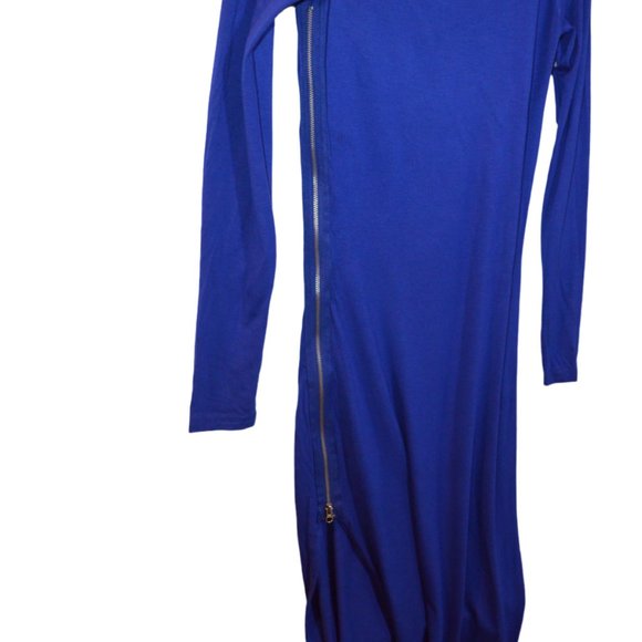 OODJI Blue Soft Thin Tricot Long Sleeves Zip Side Slit Dress (S) - Picture 3 of 6